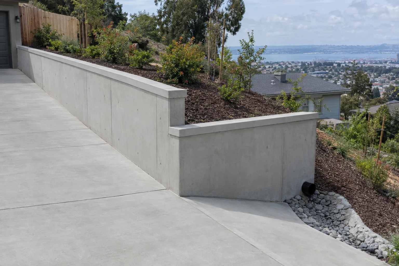 New poured concrete retaining wall on a sloped lot in Richmond, CA